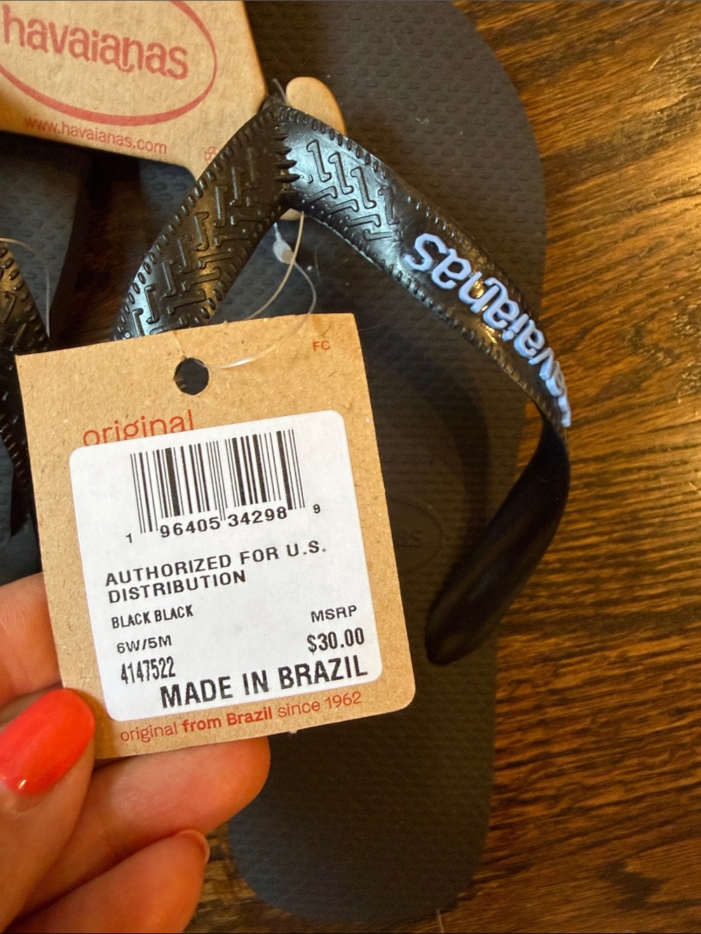 Havaianas Black Flip Flops with Blue Logo Script nwt - Picture 2 of 3